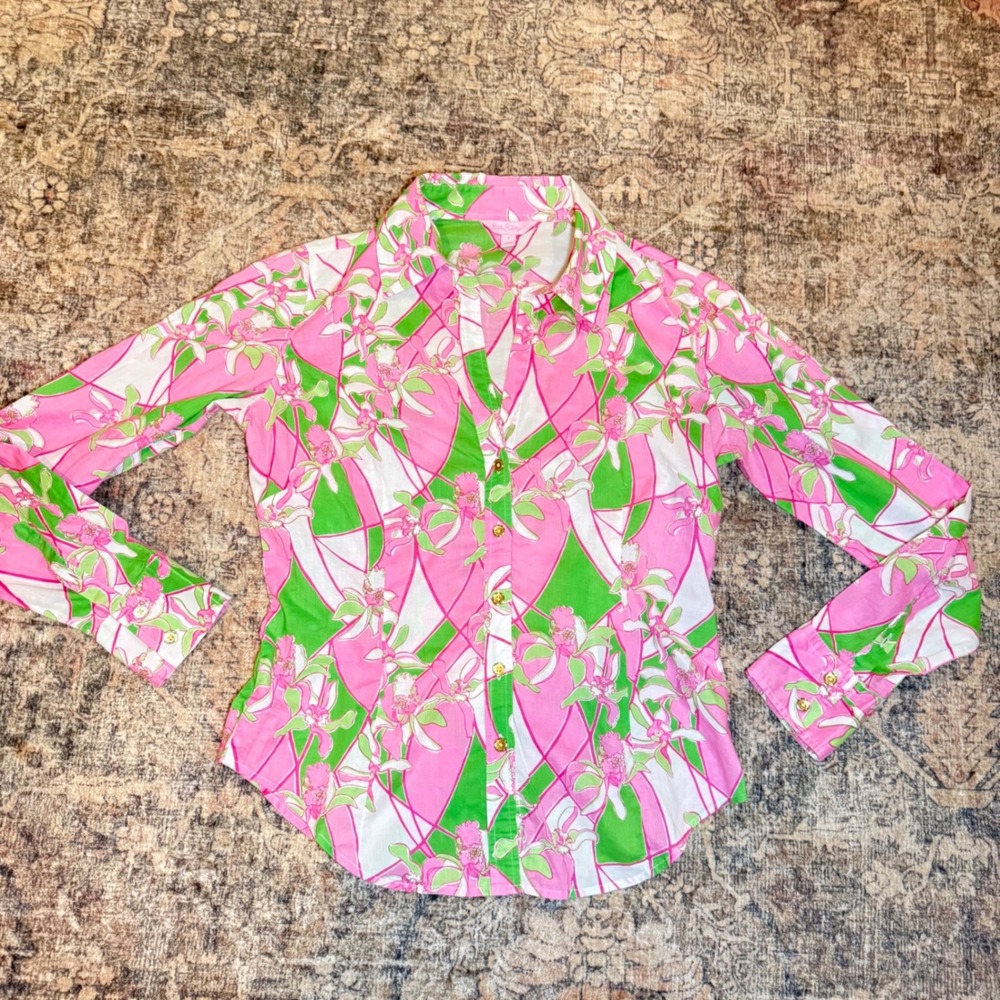 Lilly Pulitzer Pink Green Floral Geometric Cotton Button Down Shirt Size 6